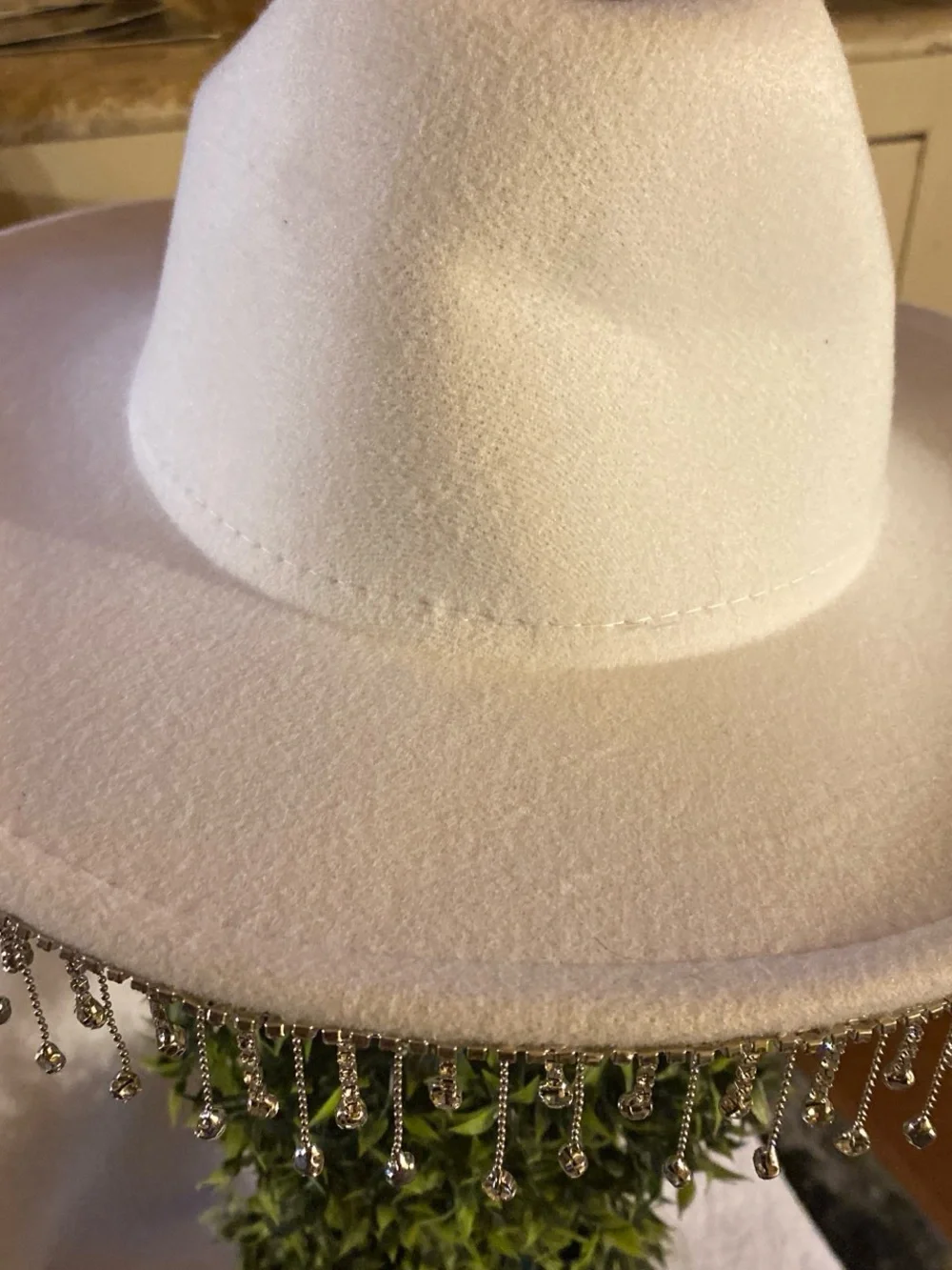Women's White Fedora Hat with Beaded Fringe Trim